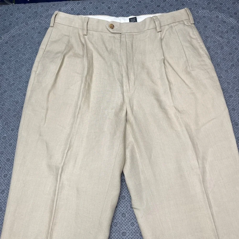 Jos A Bank Mens Tan Beige Pleated Linen Trousers Cuffed Dress Casual Pants 34x30